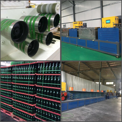 เครื่องทําเทปพลาสติก PET 450KG / H เครื่องทํากระป๋องกระป๋อง วัสดุที่มีความกว้างสาย 9-32mm